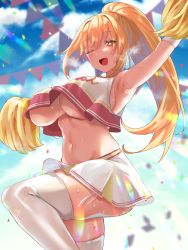 +_+ 1girl arm_up armpits bishooji blonde_hair blue_sky blush breasts cheerleader crop_top crop_top_overhang elbow_gloves gloves highres holding holding_pom_poms large_breasts long_hair midriff navel one_eye_closed open_mouth pom_pom_(cheerleading) pom_poms ponytail shokuhou_misaki skirt sky smile solo sweat thighhighs toaru_kagaku_no_railgun toaru_majutsu_no_index underboob white_gloves white_skirt white_thighhighs yellow_eyes