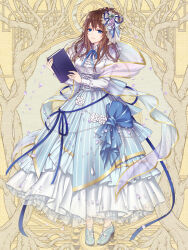 1girl amelia_wisteria blue_bow blue_dress blue_eyes blue_footwear blue_ribbon book bow brown_hair dairoku_ryouhei dress dress_bow dress_ribbon frills full_body gold_trim high_heels highres holding holding_book jewelry long_hair long_sleeves looking_at_viewer necklace pearl_necklace ribbon smile solo standing white_dress yamaneko514 yellow_background