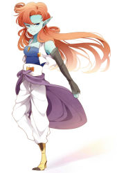 Rule 34 | 1girl, blue eyes, blue skin, colored skin, detached sleeves, dragon ball, dragonball z, earrings, female focus, grin, highres, jewelry, long hair, necklace, orange hair, pointy ears, shitora (bernkastel), smile, solo, standing, zangya