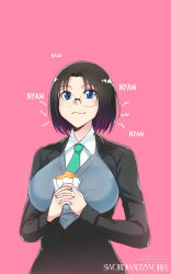 Rule 34 | + +, 10s, 1girl, alternate costume, artist name, black jacket, blue eyes, blue sweater, breasts, brown hair, buttons, closed mouth, collared shirt, dragon girl, dress shirt, eating, elma (maidragon), food, framed breasts, glasses, gradient hair, green necktie, hair intakes, highres, holding, holding food, interlocked fingers, jacket, kobayashi-san chi no maidragon, large breasts, long sleeves, multicolored hair, necktie, no horns, no tail, office lady, own hands clasped, own hands together, parted bangs, purple background, purple hair, rimless eyewear, shirt, short hair, simple background, solo, sweater, sweater vest, swordwaltz, symbol-shaped pupils, upper body, white shirt, wing collar