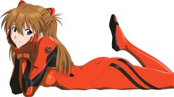 Rule 34 | 1girl, absurdres, ass, blue eyes, bodysuit, breasts, brown hair, female focus, foot up, fukano youichi, head rest, headgear, highres, interface headset, long hair, looking at viewer, lying, neon genesis evangelion, non-web source, on stomach, plugsuit, rebuild of evangelion, red bodysuit, skin tight, skinny, small breasts, smile, solo, souryuu asuka langley, transparent background, vector trace