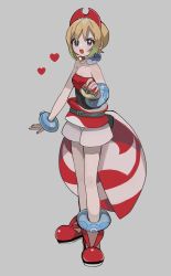Rule 34 | 1girl, :o, absurdres, anklet, bad id, bad twitter id, blonde hair, blue eyes, bracelet, breasts, cleavage, collar, collarbone, commentary, creatures (company), full body, game freak, grey background, hairband, heart, highres, holding, holding poke ball, irida (pokemon), jewelry, knees, maple (abc2215), nail polish, neck ring, nintendo, open mouth, pink nails, poke ball, poke ball (legends), pokemon, pokemon legends: arceus, red footwear, red hairband, red shirt, sash, shirt, shoes, short hair, shorts, solo, standing, strapless, strapless shirt, symbol-only commentary, teeth, tongue, upper teeth only, waist cape, white shorts