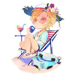 Rule 34 | 1boy, ash lynx, banana fish, beach chair, blonde hair, blue shirt, blue swim trunks, book, bracelet, chibi, closed mouth, cocktail, cooler, earrings, facial mark, flower in hat, full body, green eyes, hat, heart, heart tattoo, highres, holding, holding book, jewelry, looking at viewer, male focus, necklace, open clothes, open shirt, red-framed eyewear, sand, sandals, shell, shell necklace, shirt, short hair, shovel, sitting, solo, sun hat, sunglasses, tattoo, vidave1