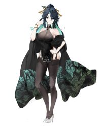 Rule 34 | 1girl, absurdres, black dress, black hair, black shawl, black thighhighs, bracelet, breasts, cloud retainer (genshin impact), commentary, contrapposto, covered navel, dress, full body, garter straps, genshin impact, green eyes, green hair, high heels, high ponytail, highres, jewelry, large breasts, long hair, looking at viewer, multicolored hair, shawl, shoes, simple background, smile, solo, standing, thighhighs, two-tone hair, white background, white footwear, xianyun (genshin impact), yztp (sanmery)