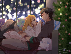 Rule 34 | 1boy, 1girl, artist name, black hair, black pantyhose, blonde hair, braid, christmas tree, couch, dated, decadence (anime), earrings, eye contact, hetero, highres, hug, indoors, jewelry, kaburagi (decadence), looking at another, lying, natsume (decadence), on couch, on stomach, ornament, pantyhose, pillow, pipe (decadence), profile, red wristband, salmon aburi1, scar, sitting, sweater, throw pillow, window, wristband