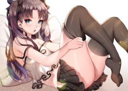 Rule 34 | 1girl, adjusting clothes, adjusting legwear, bare shoulders, black bow, black hair, black skirt, black thighhighs, blue eyes, bow, fate/stay night, fate (series), ganik (pisshine), hair bow, legs up, long hair, looking at viewer, lying, midriff, miniskirt, no shoes, on back, parted bangs, pillow, pleated skirt, purple hair, skirt, sleeveless, solo, strap slip, thighhighs, tohsaka rin, two side up, upskirt