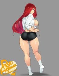 Rule 34 | 1girl, agawa ryou, ass, bad id, bad tumblr id, bikini, blue eyes, breasts, curvy, dimples of venus, from behind, full body, grey background, hip focus, large breasts, long hair, looking at viewer, looking back, open clothes, open shirt, red hair, shirt, short shorts, shorts, sideboob, signature, simple background, socks, solo, standing, swimsuit, thick thighs, thighs, white socks, wide hips, yellow bikini