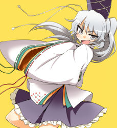 Rule 34 | 1girl, female focus, grey eyes, hands in opposite sleeves, hat, japanese clothes, kariginu, kumadano, mononobe no futo, open mouth, ponytail, short hair, silver hair, skirt, sleeves past wrists, smile, solo, tate eboshi, touhou