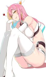 Rule 34 | 1girl, bare shoulders, breasts, copyright request, detached sleeves, doko tetora, large breasts, long hair, multicolored hair, pink hair, simple background, sitting, smile, solo, thighhighs, white background, white thighhighs