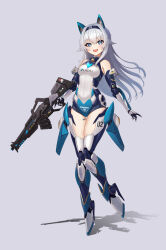 Rule 34 | 1girl, absurdres, assault rifle, barcode, barcode tattoo, bare shoulders, blue eyes, blush, breasts, full body, gun, hairband, high heels, highres, joints, long hair, mecha musume, medium breasts, megakaka, open mouth, original, rifle, robot joints, smile, solo, tattoo, trigger discipline, very long hair, weapon, white hair