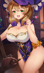 Rule 34 | 1girl, aurora rokudo, bare arms, black gloves, blurry, blurry foreground, blush, bookshelf, breasts, collarbone, commentary, dress, flower, genshin impact, gloves, green eyes, hair between eyes, hair flower, hair ornament, hand up, hat, heart, heavy breathing, highres, indoors, large breasts, light brown hair, lisa (genshin impact), long hair, looking at viewer, no legwear, open mouth, outstretched arm, pov, pov hands, purple flower, purple headwear, purple rose, rose, solo focus, standing, teeth, thighs, tongue, upper teeth only, witch hat, yellow flower