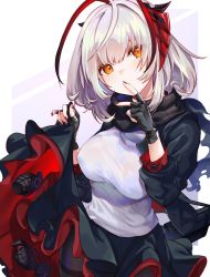 Rule 34 | 1girl, arknights, black gloves, black jacket, black skirt, breasts, clothes lift, covering own mouth, explosive, fingerless gloves, gloves, grenade, grey shirt, hand up, highres, horns, jacket, large breasts, looking at viewer, miniskirt, open clothes, open jacket, orange eyes, scarf, shirt, short hair, silver hair, skirt, skirt lift, solo, spica (spica 1510), w (arknights)