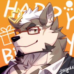 Rule 34 | 1boy, animal ears, bara, beenic, collared shirt, commission, dog boy, dog ears, drawn crown, facial hair, facial scar, forgetch (chen0for), furry, furry male, glasses, goatee, happy birthday, looking at viewer, male focus, mature male, muscular, muscular male, original, pectoral cleavage, pectorals, portrait, red-framed eyewear, salaryman, scar, scar on cheek, scar on face, shirt, short hair, smile, solo