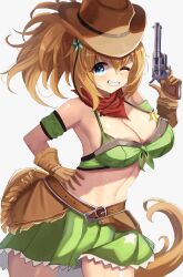 Rule 34 | 1girl, absurdres, bandana, bandeau, bare shoulders, belt, bikini, bikini under clothes, blue eyes, breasts, brown belt, brown gloves, brown hair, brown headwear, cleavage, commentary request, cowboy shot, detached sleeves, gloves, green skirt, grey background, grin, gun, handgun, highres, holding, holding gun, holding weapon, large breasts, long hair, looking at viewer, midriff, miniskirt, navel, one eye closed, ponytail, revolver, short sleeves, simple background, skirt, smile, solo, standing, stomach, swimsuit, taguchi yuu, taiki shuttle (umamusume), umamusume, weapon