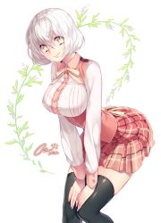Rule 34 | 1girl, black thighhighs, breasts, female focus, glasses, large breasts, leaning forward, looking at viewer, miniskirt, mirunai, original, plaid, plaid skirt, pleated skirt, short hair, silver hair, skirt, smile, solo, thighhighs, underbust, yellow eyes