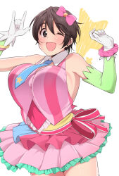 Rule 34 | 1girl, \m/, bare shoulders, blue necktie, blush, bow, breasts, brown eyes, brown hair, collar, cowboy shot, detached collar, detached sleeves, dot nose, dress, dress bow, frilled dress, frills, gloves, green sleeves, hair ribbon, hands up, idolmaster, idolmaster cinderella girls, idolmaster cinderella girls starlight stage, james (jms-pnt), large breasts, layered dress, looking at viewer, multiple bracelets, necktie, oikawa shizuku, one eye closed, open mouth, pink bow, pink ribbon, pink scrunchie, print necktie, ribbon, scrunchie, short hair, sideboob, sleeveless, sleeveless dress, smile, solo, standing, star (symbol), star print, white background, white collar, white gloves, wrist scrunchie