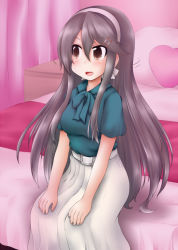 Rule 34 | 1girl, bed, black hair, blouse, brown eyes, commentary request, cowboy shot, green shirt, hair ornament, hairband, hairclip, haruna (kancolle), indoors, kantai collection, long hair, long skirt, looking to the side, official alternate costume, ouno (nounai disintegration), paid reward available, pillow, pleated skirt, shirt, sitting, skirt, solo, white hairband, white skirt