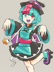 Rule 34 | 1girl, :d, bare shoulders, blue eyes, blue hair, china dress, chinese clothes, detached sleeves, dress, halloween, heterochromia, highres, jiangshi, leg up, looking at viewer, nail polish, open mouth, pink nails, red eyes, short hair, smile, solo, tatara kogasa, touhou, wasabisuke