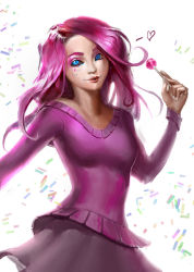 Rule 34 | 1girl, blue eyes, candy, confetti, contact lens, food, holding, holding food, lollipop, looking at viewer, party, party girl (terraria), pink hair, sparkle, terraria, vladbacescu