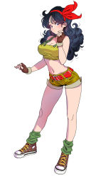Rule 34 | 1girl, absurdres, belt, black eyes, black hair, breasts, brown footwear, brown gloves, cleavage, collarbone, converse, crop top, curly hair, dragon ball, dragon ball (classic), fingerless gloves, full body, gloves, green socks, hairband, highres, large breasts, looking at viewer, lunch (dragon ball), lunch (good) (dragon ball), messy hair, navel, overalls, shoes, short shorts, shorts, simple background, sneakers, socks, solo, white background, yamashita shun&#039;ya