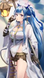 Rule 34 | 1girl, absurdres, arknights, black shorts, blue eyes, blue hair, braid, breasts, coat, commentary, cowboy shot, cup, half updo, hand up, highres, holding, holding cup, horns, kirigirisu1221, lantern, ling (arknights), long hair, long sleeves, medium breasts, necktie, open clothes, open coat, pointy ears, shirt, short shorts, shorts, solo, staff, strapless, strapless shirt, thighs, very long hair, white coat, white shirt, yellow necktie
