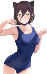 Rule 34 | 1girl, animal ears, bare arms, bare shoulders, blue choker, blue one-piece swimsuit, blush, breasts, brown hair, chainsaw man, choker, closed mouth, collarbone, commentary request, cowboy shot, green eyes, hair between eyes, hands up, highres, looking at viewer, medium breasts, one-piece swimsuit, reze (chainsaw man), simple background, smile, solo, standing, swimsuit, tetsubuta, white background