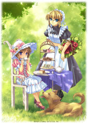 Rule 34 | 2girls, ahoge, apple, basket, blonde hair, blue eyes, brown hair, cake, cake slice, chair, cup, dog, drinking, food, fruit, fruits basket, glasses, grass, hat, leaf, maid, maid headdress, multiple girls, original, outdoors, riv (rivleaf), sandwich, short hair, sitting, souma kisa, standing, sunlight, table, tablecloth, teacup, tiered serving stand, tiered tray, tree
