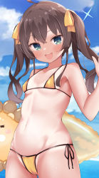 Rule 34 | 1girl, :d, absurdres, ahoge, armpits, bikini, blue eyes, blush, breasts, brown hair, cameltoe, cocozasa, collarbone, commentary request, covered erect nipples, ebi frion (natsuiro matsuri), hair ribbon, highres, holding, hololive, inflatable toy, long hair, looking at viewer, micro bikini, natsuiro matsuri, navel, one-piece tan, open mouth, ribbon, side-tie bikini bottom, small breasts, smile, solo, standing, stomach, swimsuit, tan, tanline, teeth, twintails, upper teeth only, virtual youtuber, yellow ribbon