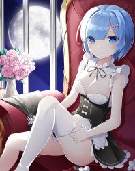 Rule 34 | 1girl, absurdres, apron, black ribbon, black skirt, blue eyes, blue hair, breasts, cleavage, closed mouth, detached collar, frilled apron, frilled skirt, frills, full moon, hair intakes, hair ornament, highres, indoors, looking at viewer, medium breasts, miniskirt, moon, neck ribbon, onsem, pleated skirt, re:zero kara hajimeru isekai seikatsu, rem (re:zero), ribbon, short hair, sitting, skirt, sleeveless, unworn sleeves, smile, solo, thighhighs, waist apron, white apron, white thighhighs, x hair ornament