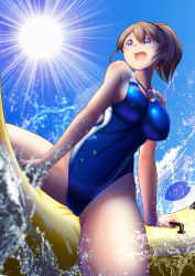 Rule 34 | 1girl, artist logo, banana boat, blue eyes, blue sky, blue one-piece swimsuit, breasts, brown hair, cameltoe, commentary request, competition swimsuit, cowboy shot, dated, intrepid (kancolle), kantai collection, large breasts, moke ro, one-piece swimsuit, open mouth, ponytail, riding, short hair, sky, solo, splashing, sun, swimsuit, water