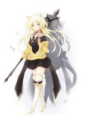 Rule 34 | 1girl, animal ears, arknights, black dress, blonde hair, blue eyes, boots, cat ears, clov3r, commentary request, dress, full body, heterochromia, highres, holding, holding staff, jacket, knee boots, long hair, long sleeves, looking at viewer, nightmare (arknights), off shoulder, parted lips, short dress, simple background, solo, staff, standing, thighhighs, white background, white footwear, yellow eyes, yellow jacket, zettai ryouiki
