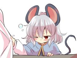 Rule 34 | 1girl, animal ears, blush, brown eyes, capelet, clothes grab, commentary, grey hair, hair between eyes, long sleeves, mana (gooney), mouse ears, mouse tail, nazrin, one eye closed, puffy long sleeves, puffy sleeves, short hair, simple background, sleepy, sleeve grab, solo, solo focus, squeans, tail, touhou, upper body, white background
