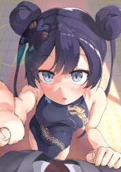 Rule 34 | 1boy, 1girl, :o, absurdres, black dress, black hair, blue archive, blush, breasts, butterfly hair ornament, china dress, chinese clothes, double bun, dragon print, dress, foreshortening, hair bun, hair ornament, highres, kisaki (blue archive), kyawawa 1230, lens flare, looking at viewer, looking up, outdoors, pov, sensei (blue archive), sidelocks, sleeveless, sleeveless dress, small breasts, solo focus, twintails