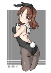 Rule 34 | 10s, 1girl, alternate costume, animal ears, ass, back, bad id, bad twitter id, bare shoulders, black pantyhose, blush, breasts, brown eyes, brown hair, chiyoda (kancolle), cowboy shot, cropped legs, ebifurya, eyebrows, fake animal ears, fake tail, from side, highres, inactive account, kantai collection, leotard, looking at viewer, medium breasts, pantyhose, playboy bunny, rabbit ears, rabbit tail, solo, strapless, tail, twitter username, two-tone background