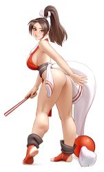 Rule 34 | 1girl, absurdres, ass, bare shoulders, blush, breasts, brown eyes, brown hair, commentary, fatal fury, hand fan, high ponytail, highres, kairunoburogu, kneepits, large breasts, looking at viewer, ponytail, shiranui mai, sideboob, simple background, soles, solo, stirrup legwear, the king of fighters, thick thighs, thighs, toeless legwear, white background