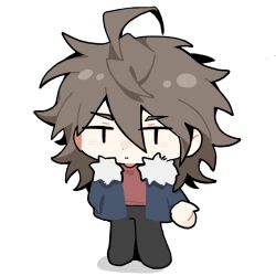 Rule 34 | 1boy, ahoge, black pants, blue jacket, brown hair, chibi, chinese commentary, closed mouth, commentary request, fur-trimmed jacket, fur trim, isoi reiji, jacket, long sleeves, male focus, medium hair, open clothes, open jacket, pants, red shirt, saibou shinkyoku, shirt, simple background, solo, white background, xiaoyuweiliang