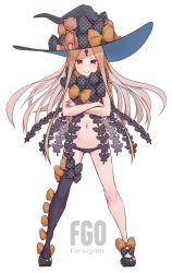 Rule 34 | 1girl, abigail williams (fate), abigail williams (second ascension) (fate), absurdres, areola slip, bare arms, black bow, black footwear, black hat, black panties, black thighhighs, blonde hair, blush, bow, commentary request, copyright name, fate/grand order, fate (series), full body, grey hair, hat, hat bow, highres, keyhole, kopaka (karda nui), long hair, looking at viewer, multicolored hair, multiple bows, navel, nipple slip, nipples, orange bow, panties, parted bangs, polka dot, polka dot bow, red eyes, shoes, simple background, single thighhigh, smile, solo, standing, stuffed animal, stuffed toy, teddy bear, thighhighs, two-tone hair, underwear, very long hair, white background