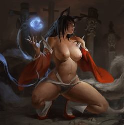 Rule 34 | 1girl, ahri (league of legends), animal ear fluff, animal ears, bangku an, bare shoulders, black hair, breasts, commentary, cross, dark background, detached sleeves, energy, energy ball, facial mark, fingernails, floating, floating object, fox ears, fox girl, fox tail, full body, glowing, hand on own shoulder, highres, large breasts, league of legends, long hair, long sleeves, looking to the side, magic, multiple tails, navel, nipples, panties, parted lips, red footwear, solo, squatting, tail, topless, underwear, white panties, wide sleeves, yellow eyes
