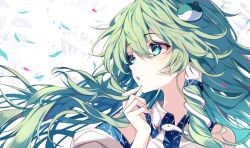 Rule 34 | 1girl, absurdres, commentary request, frog hair ornament, green eyes, green hair, hair ornament, highres, kochiya sanae, long hair, parted lips, shirt, simple background, single sidelock, snake hair ornament, solo, touhou, upper body, very long hair, white background, white shirt, white sleeves, wide sleeves, yamanakaume
