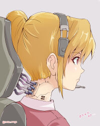 Rule 34 | absurdres, android, collar, electrical outlet, ghost in the shell, headset, highres, looking to the side, mechanical parts, operator (gits), orange hair, ponytail, rasen manga, red eyes, red shirt, robot girl, shirt, speaker, subdermal port, usb