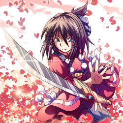 Rule 34 | 1girl, belt, blue eyes, borrowed character, bow, brown hair, commission, dress, frown, hair ribbon, half updo, lowres, neigeblanc, original, petals, pom pom (clothes), ponytail, red background, red dress, red theme, ribbon, serious, short hair, solo, sword, vest, weapon