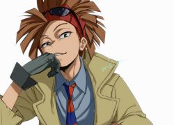 Rule 34 | 1boy, bandana, beige jacket, blue shirt, boku no hero academia, brown hair, eyewear on head, gloves, green eyes, grey eyes, grey gloves, hand on own cheek, hand on own face, looking at viewer, male focus, mkm (mkm storage), necktie, parted lips, red bandana, rody soul, shirt, signature, simple background, solo, striped necktie, sunglasses, white background