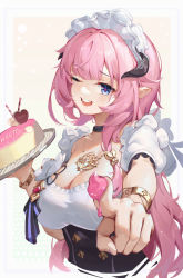Rule 34 | 1girl, ;d, artist name, asc11, black choker, blush, border, bracelet, breasts, cake, choker, cleavage, corset, cropped torso, elysia (honkai impact), elysia (miss pink elf) (honkai impact), flower, food, food on hand, highres, holding, holding tray, honkai (series), honkai impact 3rd, horns, jewelry, large breasts, long hair, looking at viewer, maid headdress, necklace, one eye closed, open mouth, outside border, outstretched arm, pink hair, pointy ears, pov, short sleeves, simple background, smile, solo, tray, underbust, upper body, very long hair, white border, white flower, yellow background