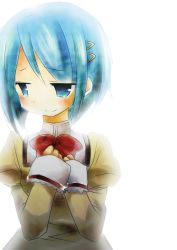 10s 1girl bad_id bad_pixiv_id blue_eyes blue_hair female_focus hair_ornament hairclip highres mahou_shoujo_madoka_magica mahou_shoujo_madoka_magica_(anime) matching_hair/eyes miki_sayaka ringo_yuyu school_uniform smile solo tears