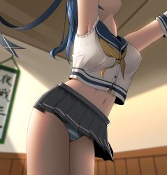 Rule 34 | 10s, 1girl, alphe, armpits, bad id, bad nicoseiga id, bare shoulders, black skirt, blue hair, blue panties, buttons, elbow gloves, gloves, head out of frame, highres, indoors, kantai collection, long hair, midriff, navel, neckerchief, outstretched arms, panties, pantyshot, pleated skirt, sailor collar, school uniform, serafuku, shirt, skirt, sleeveless, sleeveless shirt, solo, standing, stomach, striped clothes, striped panties, sunlight, underwear, urakaze (kancolle), vest, white gloves, white panties, white vest, yellow neckerchief