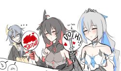 Rule 34 | ..., 3girls, absurdres, arrow (symbol), black hair, black jacket, blush, breasts, bronya zaychik, bronya zaychik (herrscher of truth), cleavage, closed eyes, closed mouth, dress, english text, fu hua, fu hua (herrscher of sentience), gloves, grey dress, grey hair, hair between eyes, hakuky, half gloves, heart, highres, holding, honkai (series), honkai impact 3rd, jacket, long hair, multicolored hair, multiple girls, red gloves, red hair, scorecard, seele (alter ego), seele vollerei, seele vollerei (starchasm nyx), simple background, small breasts, smile, strapless, strapless dress, two-tone hair, upper body, white background, white dress