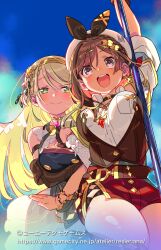 2girls atelier_(series) atelier_resleriana atelier_ryza atelier_ryza_3 blonde_hair blush braid breasts brown_eyes brown_hair cleavage elbow_gloves gloves green_eyes hair_ornament hairband hat highres himukai_yuuji klaudia_valentz large_breasts leather leather_gloves locked_arms long_hair multiple_girls open_mouth red_shorts reisalin_stout shorts smile thighs