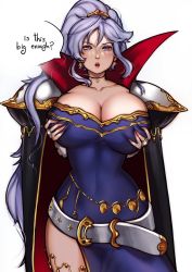 Rule 34 | 1girl, armor, grabbing another&#039;s breast, breast hold, breasts, cape, cleavage, curtains, english text, fire emblem, fire emblem: genealogy of the holy war, grabbing, highres, huge breasts, ishtar (fire emblem), mariezone, navel, nintendo, open mouth, pauldrons, pelvic curtain, purple hair, shoulder armor, skindentation
