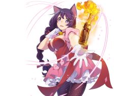 Rule 34 | 1girl, animal ears, bell, bow, braid, breasts, cat ears, cat girl, choker, dress, fire, fishnet pantyhose, fishnets, gloves, hair ornament, hairclip, hanekawa tsubasa, large breasts, long hair, looking at viewer, magia record: mahou shoujo madoka magica gaiden, magical girl, mahou shoujo madoka magica, molotov cocktail, monogatari (series), neck bell, official art, open mouth, pantyhose, pink eyes, purple hair, smile, solo, transparent background, white gloves