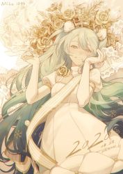 Rule 34 | 1girl, 2020, blush, borrowed design, bouquet, bow, breasts, character name, crown, dated, dress, eknow, elbow gloves, flower, gloves, green hair, hair bow, half-closed eyes, hands up, hatsune miku, long hair, mini crown, puffy short sleeves, puffy sleeves, rose, sash, short sleeves, shoulder sash, smile, snowflakes, solo, very long hair, vocaloid, white background, white bow, white dress, white gloves, yellow flower, yellow rose, yuki miku, yuki miku (2019) (candidate no.6)